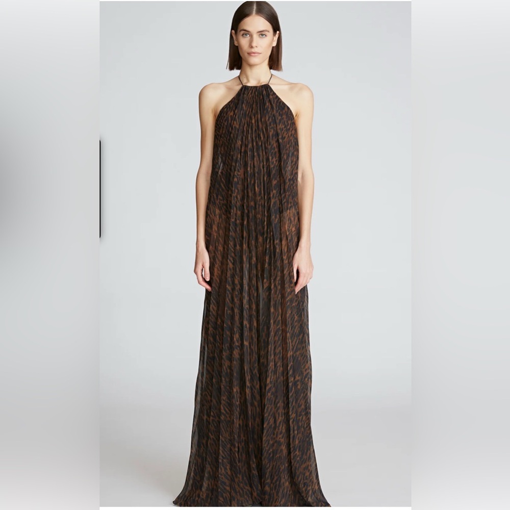 Halston Marina Leopard Sheer chiffon pleated halter dress gown size 10 NWT